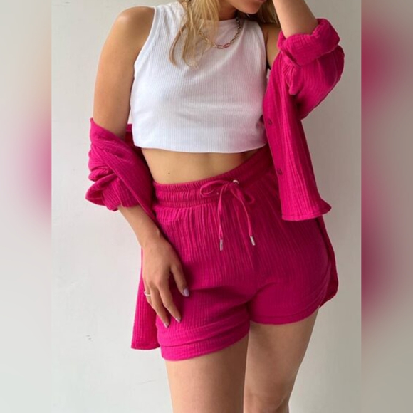 Texture Button Up Shirt and Drawstring Shorts Set - Picture 2 of 5